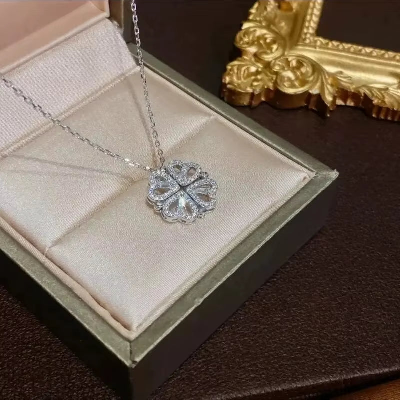 New Fashion Double Wear Magnet Four Heart Flower Pendant Necklace for Women Sweet Sexy Female Stainless Steel Neck Chain Jewelry